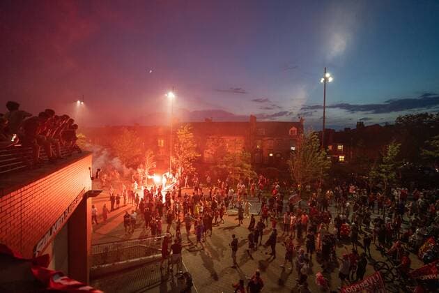 Football - 2019 2020 Premier League - Chelsea vs Manchester City Liverpool fans take the streets in expectation of a first-ever Premier League title - and first English title for 30 years - with Manchester City needing victory against Chelsea at Stamford Bridge to deny them. COLORSPORT TERRY DONNELLY 