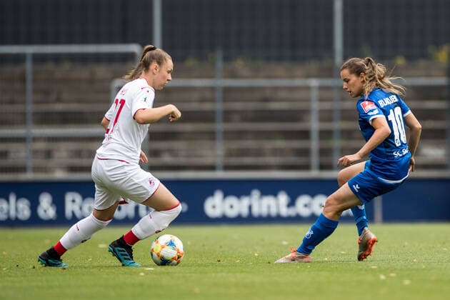 FLYERALARM Women Soccer Bundesliga 1 FC Koeln SC Sand 28 06 2020 Kristina Hild 27, 1 FC Koeln , Dina Blagojevic 10, SC Sand 1946 FLYERALARM Women Soccer Bundesliga, 1 FC Koeln SC Sand, Koeln, Franz Kremer Stadion DFL REGULATIONS PROHIBIT ANY USE OF PHOTOGRAPHS AS IMAGE SEQUENCES AND OR QUASI VIDEO Copyright: xBEAUTIFULxSPORTS Wunderlx