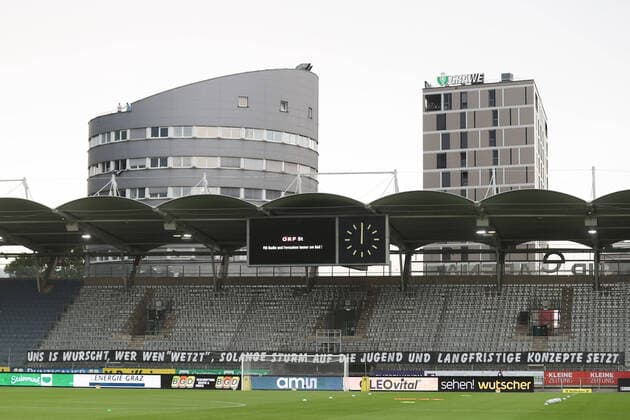 SOCCER - BL, Sturm vs Rapid GRAZ,AUSTRIA,28.JUN.20 - SOCCER - tipico Bundesliga, championship group, SK Sturm Graz vs SK Rapid Wien. Image shows the stands with a banner. Keywords: Wien Energie. GEPAxpictures xChristianxWalgram