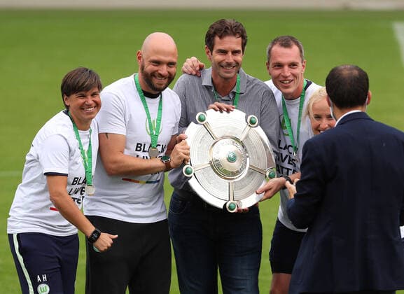 Wolfsburg vs Leverkusen, BL Frauen Wolfsburg, Germany 28 06 2020, FUSSBALL VfL Wolfsburg vs Bayer Leverkusen, Flyeralarm Frauen Bundesliga, Season 2019 20 Co-Coach Ariane Hingst VfL Wolfsburg , Head Coach Stephan Lerch VfL Wolfsburg , Director of Sports Ralf Kellermann VfL Wolfsburg , Goalkeeping Coach Eike Herding VfL Wolfsburg , Co-Coach Theresa Merk VfL Wolfsburg Wolfsburg