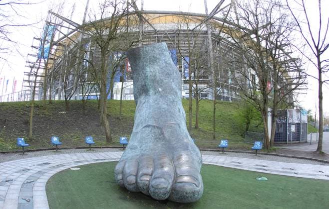 Hamburger SV, HSV, Volksparkstadion, exterior view, bronze foot by Uwe SeelerStellingen Sylvesterallee Hamburg