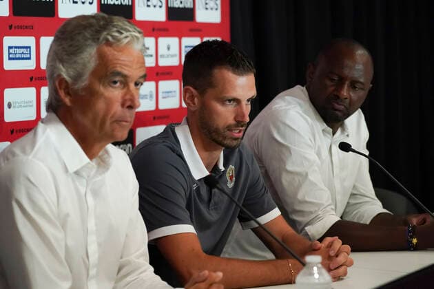 Jean Pierre Rivere (president de l OGC Nice) - Morgan Schneiderlin (OGC Nice) - Patrick Vieira (entraineur de l OGC Nice) FOOTBALL : Presentation des nouvelles recrues de l OGC Nice - Nice - 02 07 2020 NorbertScanella PanoramiC 