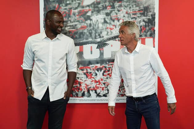 Patrick Vieira (entraineur de l OGC Nice) - Jean Pierre Rivere (president de l OGC Nice) FOOTBALL : Presentation des nouvelles recrues de l OGC Nice - Nice - 02 07 2020 NorbertScanella PanoramiC 