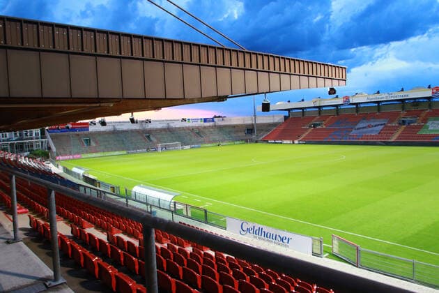 Stadion am Sportpark, evening mood, interior view, ghost game, soccer 3 league SpVgg Unterhaching FC Carl Zeiss Jena 01 07 2020 PHOTO Mladen Lackovic LakoPress