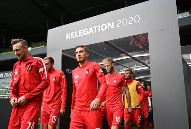 Werder Bremen 1 FC Heidenheim Football, Relegation, Werder Bremen 1 FC Heidenheim The players of FC Heidenheim come to warm up Tobias Mohr Heidenheim , Jonas Foehrenbach Heidenheim , Sebastian Griesbeck Heidenheim Photo Marvin Ibo Güngör GES Pool via xim gs DFL regulations prohibit any use of photographs as image sequences and or quasi video Editorial use only National and international news agencies out Bremen Germany Poolfoto Marvin Ibo Güngör GES Pool via xim.gs ,EDITORIAL USE ONLY