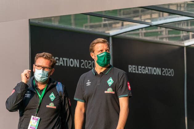 SV Werder Bremen vs 1 FC Heidenheim Relegation 01 02 07 2020 Florian Kohfeldt Coach SV Werder Bremen in the players tunnel left Christoph Pieper Head of PR and Public Relations SV Werder Bremen Sport nphgm001 Football 1 Bundesliga Season 19 20 Relegation 01 SV Werder Bremen vs 1 FC Heidenheim 02 07 2020 Foto gumzmedia nordphoto POOL DFL regulations prohibit any use of photographs as image sequences and or quasi video EDITORIAL USE ONLY National and international News Agencies OUT Bremen wohninvest Weserstadion Bremen GERMANY Poolfoto gumzmedia nordphoto ,EDITORIAL USE ONLY