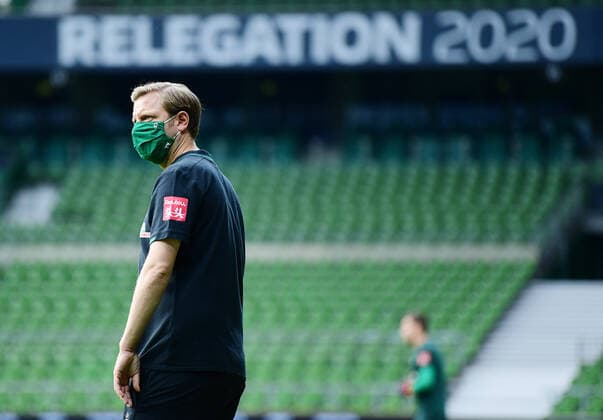 SV Werder Bremen vs 1 FC Heidenheim Relegation 01 02 07 2020 Coach Florian Kohfeldt Bremen Bremen Bremen, 02 07 2020, Football, Bundesliga, Relegation, First leg, SV Werder Bremen 1 FC Heidenheim Foto TimGroothuis Witters Pool via gumzmedia nordphoto DFL REGULATIONS PROHIBIT ANY USE OF PHOTOGRAPHS AS IMAGE SEQUENCES AND OR QUASI VIDEO EDITORIAL USE ONLY NATIONAL AND INTERNATIONAL NEWS AGENCIES OUT Bremen Poolfoto TimGroothuis Witters nordphoto ,EDITORIAL USE ONLY