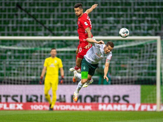 GER, Werder Bremen vs. FC Heidenheim, Football, Bundesliga Religation, 2019 2020, 02 07 2020 Tim Kleindienst FC Heidenheim, 10 , Niklas Moisander SV Werder Bremen 18 , GER, Werder Bremen vs. FC Heidenheim, Football, Bundesliga Religation, 2019 2020, 02 07 2020, DFB DFL regulations prohibit any use of photographs as image sequences and or quasi video , Foto EIBNER Sascha Walther Bremen Weser Stadium Hanseatic City of Bremen Germany Poolfoto Eibner Walther Pool ,EDITORIAL USE ONLY