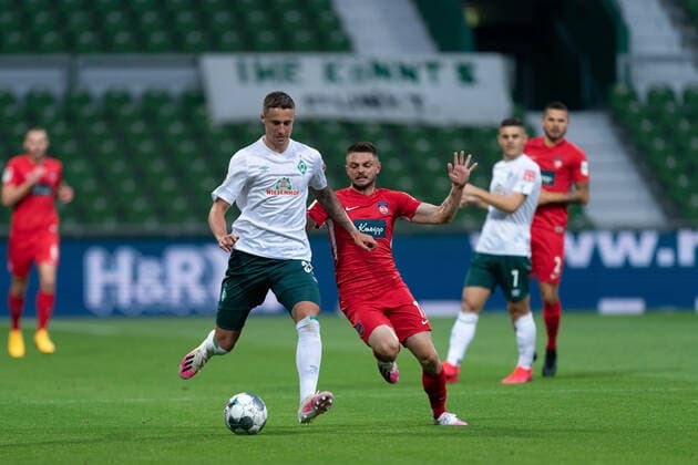SV Werder Bremen vs 1 FC Heidenheim Relegation 01 02 07 2020 Marco Friedl Werder Bremen 32 , Maurice Multhaup 1 FC Heidenheim 1846 17 Sport nphgm001 Football 1 Bundesliga season 19 20 Relegation 01 SV Werder Bremen vs 1 FC Heidenheim 02 07 2020 Foto gumzmedia nordphoto POOL DFL regulations prohibit any use of photographs as image sequences and or quasi video EDITORIAL USE ONLY National and international News Agencies OUT Bremen wohninvest Weserstadion Bremen GERMANY Poolfoto gumzmedia nordphoto ,EDITORIAL USE ONLY
