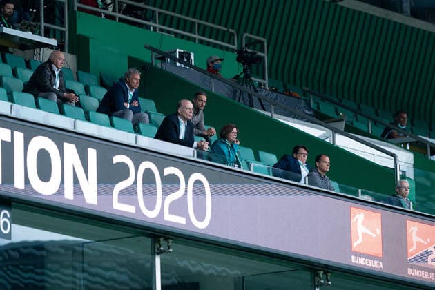 SV Werder Bremen vs. 1 FC Heidenheim Relegation 01 02 07 2020 Werder VIP Floor Marco Bode Chairman of the Supervisory Board SV Werder Bremen , Michele Vulcano of Wohninvest, Dr Hubertus Hess Grunewald Managing Director Organisation Sport SV Werder Bremen , Klaus Filbry Chairman of the Board Commercial Managing Director SV Werder Bremen , Peter Wesjohann Board Member PHW Group Wiesenhof , Kurt Zech Bremer Contractor Supervisory Board member Werder Bremen since 21 11 2016 Sport nphgm001 Football 1 Bundesliga Season 19 20 Relegation 01 SV Werder Bremen vs 1 FC Heidenheim 02 07 2020 Foto gumzmedia nordphoto POOL DFL regulations prohibit any use of photographs as image sequences and or quasi video EDITORIAL USE ONLY National and international News Agencies OUT Bremen wohninvest Weserstadion Bremen GERMANY Poolfoto gumzmedia nordphoto ,EDITORIAL USE ONLY
