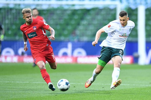 Werder Bremen 1 FC Heidenheim Football, Relegation, Werder Bremen 1 FC Heidenheim v l Niklas Dorsch, Maximilian Eggestein Bremen Photo Tim Groothuis Witters Pool via xim gs DFL regulations prohibit any use of photographs as image sequences and or quasi video Editorial use only National and international news agencies out Bremen Germany Poolfoto Tim Groothuis Witters Pool via xim.gs ,EDITORIAL USE ONLY
