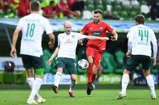 Werder Bremen 1 FC Heidenheim Football, Relegation, Werder Bremen 1 FC Heidenheim v l Davy Klaassen Bremen , Denis Thomalla, Philipp Bargfrede Photo Tim Groothuis Witters Pool via xim gs DFL regulations prohibit any use of photographs as image sequences and or quasi video Editorial use only National and international news agencies out Bremen Germany Poolfoto Tim Groothuis Witters Pool via xim.gs ,EDITORIAL USE ONLY