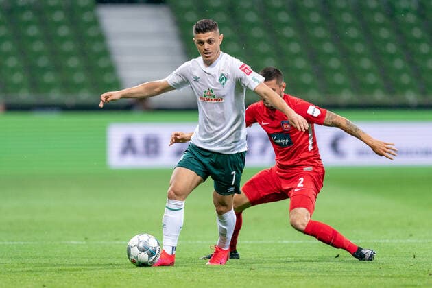 SV Werder Bremen vs 1 FC Heidenheim Relegation 01 02 07 2020 Marnon Busch 1 FC Heidenheim 1846 02 , Milot Rashica Werder Bremen 07 Sport nphgm001 Football 1 Bundesliga Season 19 20 Relegation 01 SV Werder Bremen vs 1 FC Heidenheim 02 07 2020 Foto gumzmedia nordphoto POOL DFL regulations prohibit any use of photographs as image sequences and or quasi video EDITORIAL USE ONLY National and international News Agencies OUT Bremen wohninvest Weserstadion Bremen GERMANY Poolfoto gumzmedia nordphoto ,EDITORIAL USE ONLY