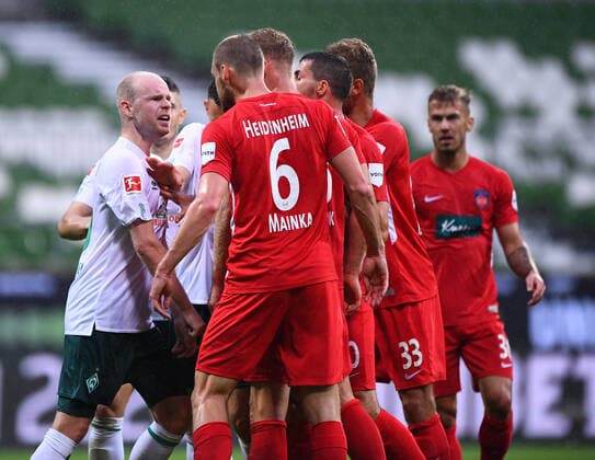 Werder Bremen 1 FC Heidenheim Football, Relegation, Werder Bremen 1 FC Heidenheim Pack formation Davy Klaassen Bremen l with Patrick Mainka Heidenheim Photo Marvin Ibo Güngör GES Pool via xim gs DFL regulations prohibit any use of photographs as image sequences and or quasi video Editorial use only National and international news agencies out Bremen Germany Poolfoto Marvin Ibo Güngör GES Pool via xim.gs ,EDITORIAL USE ONLY