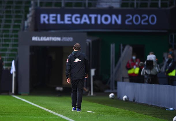 Werder Bremen 1 FC Heidenheim Football, Relegation, Werder Bremen 1 FC Heidenheim Coach Florian Kohfeldt Bremen goes disappointed into the halftime pass Photo Marvin Ibo Güngör GES Pool via xim gs DFL regulations prohibit any use of photographs as image sequences and or quasi video Editorial use only National and international news agencies out Bremen Germany Poolfoto Marvin Ibo Güngör GES Pool via xim.gs ,EDITORIAL USE ONLY
