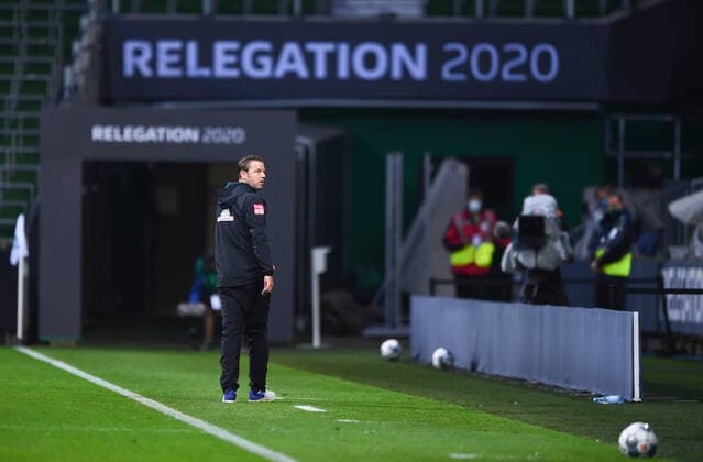 Werder Bremen 1 FC Heidenheim Football, Relegation, Werder Bremen 1 FC Heidenheim Coach Florian Kohfeldt Bremen goes disappointed into the halftime pass Photo Marvin Ibo Güngör GES Pool via xim gs DFL regulations prohibit any use of photographs as image sequences and or quasi video Editorial use only National and international news agencies out Bremen Germany Poolfoto Marvin Ibo Güngör GES Pool via xim.gs ,EDITORIAL USE ONLY