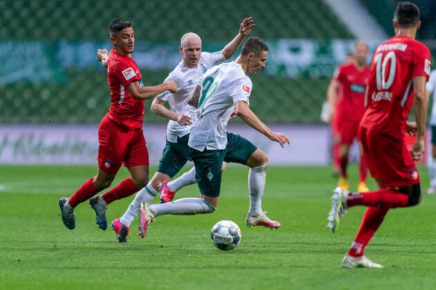 SV Werder Bremen vs 1 FC Heidenheim Relegation 01 02 07 2020 Davy Klaassen Werder Bremen 30 , Marco Friedl Werder Bremen 32 Sport nphgm001 Football 1 Bundesliga Season 19 20 Relegation 01 SV Werder Bremen vs 1 FC Heidenheim 02 07 2020 Foto gumzmedia nordphoto POOL DFL regulations prohibit any use of photographs as image sequences and or quasi video EDITORIAL USE ONLY National and international News Agencies OUT Bremen wohninvest Weserstadion Bremen GERMANY Poolfoto gumzmedia nordphoto ,EDITORIAL USE ONLY