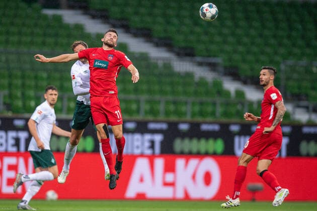 GER, Werder Bremen vs. FC Heidenheim, football, Bundesliga Religation, 2019 2020, 02 07 2020 Denis Thomalla FC Heidenheim, 11 , GER, Werder Bremen vs. FC Heidenheim, football, Bundesliga Religation, 2019 2020, 02 07 2020, DFB DFL regulations prohibit any use of photographs as image sequences and or quasi video , Foto EIBNER Sascha Walther Bremen Weser Stadium Hanseatic City of Bremen Germany Poolfoto Eibner Walther Pool ,EDITORIAL USE ONLY