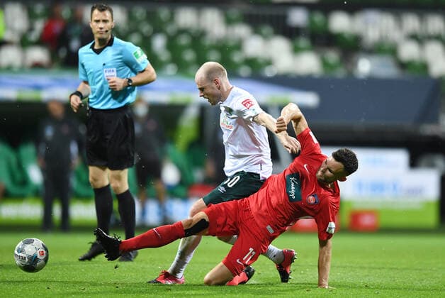 Werder Bremen 1 FC Heidenheim Football, Relegation, Werder Bremen 1 FC Heidenheim v l Davy Klaassen Bremen , Denis Thomalla Photo Tim Groothuis Witters Pool via xim gs DFL regulations prohibit any use of photographs as image sequences and or quasi video Editorial use only National and international news agencies out Bremen Germany Poolfoto Tim Groothuis Witters Pool via xim.gs ,EDITORIAL USE ONLY