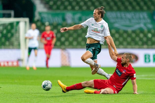 SV Werder Bremen vs 1 FC Heidenheim Relegation 01 02 07 2020 Patrick Mainka 1 FC Heidenheim 1846 06 , Niclas Füllkrug Fuellkrug Werder Bremen 11 Sport nphgm001 Football 1 Bundesliga Season 19 20 Relegation 01 SV Werder Bremen vs 1 FC Heidenheim 02 07 2020 Foto gumzmedia nordphoto POOL DFL regulations prohibit any use of photographs as image sequences and or quasi video EDITORIAL USE ONLY National and international News Agencies OUT Bremen wohninvest Weserstadion Bremen GERMANY Poolfoto gumzmedia nordphoto ,EDITORIAL USE ONLY