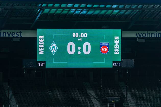 SV Werder Bremen vs 1 FC Heidenheim Relegation 01 02 07 2020 Feature Scoreboard Ebndresult 0 0 Sport nphgm001 Football 1 Bundesliga Season 19 20 Relegation 01 SV Werder Bremen vs 1 FC Heidenheim 02 07 2020 Foto gumzmedia nordphoto POOL DFL regulations prohibit any use of photographs as image sequences and or quasi video EDITORIAL USE ONLY National and international News Agencies OUT Bremen wohninvest Weserstadion Bremen GERMANY Poolfoto gumzmedia nordphoto ,EDITORIAL USE ONLY