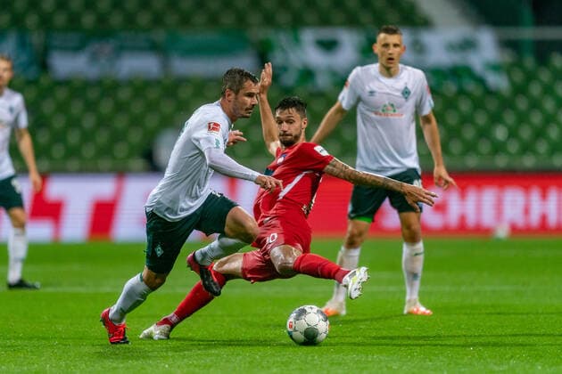 SV Werder Bremen vs 1 FC Heidenheim Relegation 01 02 07 2020 Tim Kleindienst 1 FC Heidenheim 1846 10 , Fin Bartels Werder Bremen 22 Sport nphgm001 Football 1 Bundesliga season 19 20 Relegation 01 SV Werder Bremen vs 1 FC Heidenheim 02 07 2020 Foto gumzmedia nordphoto POOL DFL regulations prohibit any use of photographs as image sequences and or quasi video EDITORIAL USE ONLY National and international News Agencies OUT Bremen wohninvest Weserstadion Bremen GERMANY Poolfoto gumzmedia nordphoto ,EDITORIAL USE ONLY