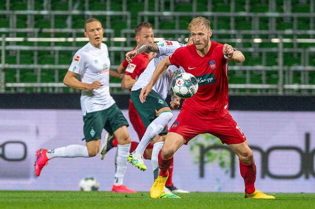 GER, Werder Bremen vs FC Heidenheim, Football, Bundesliga Religation, 2019 2020, 02 07 2020 Sebastian Griesbeck FC Heidenheim, 18 , GER, Werder Bremen vs FC Heidenheim, Football, Bundesliga Religation, 2019 2020, 02 07 2020, DFB DFL regulations prohibit any use of photographs as image sequences and or quasi video , Foto EIBNER Sascha Walther Bremen Weser Stadium Hanseatic City of Bremen Germany Poolfoto Eibner Walther Pool ,EDITORIAL USE ONLY