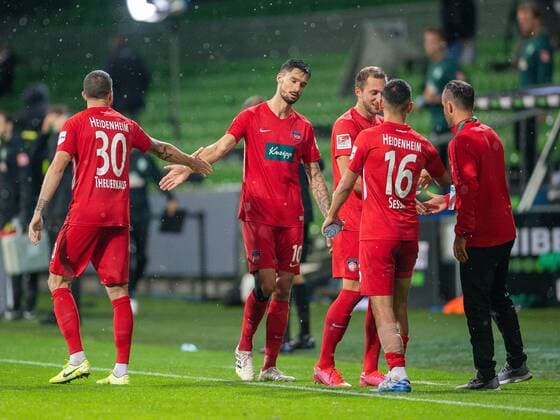 GER, Werder Bremen vs. FC Heidenheim, football, Bundesliga Religation, 2019 2020, 02 07 2020 Norman Theuerkauf FC Heidenheim, 30 , Tim Kleindienst FC Heidenheim, 10 , totally disappointed, GER, Werder Bremen vs. FC Heidenheim, football, Bundesliga Religation, 2019 2020, 02 07 2020, DFB DFL regulations prohibit any use of photographs as image sequences and or quasi video , Foto EIBNER Sascha Walther Bremen Weser Stadium Hanseatic City of Bremen Germany Poolfoto Eibner Walther Pool ,EDITORIAL USE ONLY