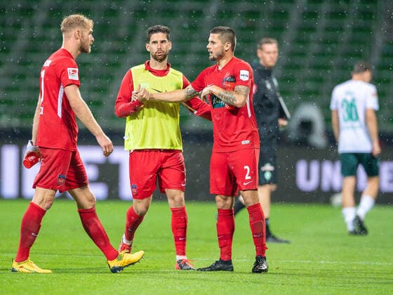 GER, Werder Bremen vs. FC Heidenheim, Football, Bundesliga Religation, 2019 2020, 02 07 2020 Sebastian Griesbeck FC Heidenheim, 18 , Stefan Schimmer FC Heidenheim, 09 , Marnon Busch FC Heidenheim, 02 ,, GER, Werder Bremen vs, Football, Bundesliga Religation, 2019 2020, 02 07 2020, DFB DFL regulations prohibit any use of photographs as image sequences and or quasi video , Foto EIBNER Sascha Walther Bremen Weser Stadion Hansestadt Bremen Germany Poolfoto Eibner Walther Pool ,EDITORIAL USE ONLY