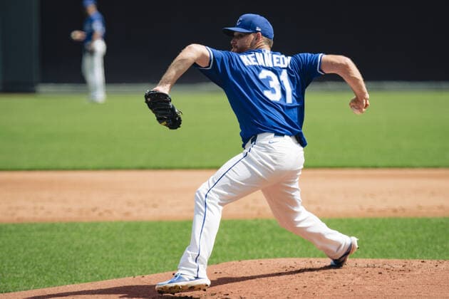 Kansas City Royals relief pitcher Ian Kennedy (31) works out on the field at the start of Summer Camp training at Kaufman Stadium in Kansas City, Missouri on Friday, July 3, 2020. Major League Baseball is finally starting their 2020 season after the COVID-19 pandemic caused months of delays.  KCP20200703113 KYLExRIVAS