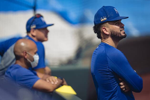 Members of the Kansas City Royals take the field at the start of Summer Camp training at Kaufman Stadium in Kansas City, Missouri on Friday, July 3, 2020. Major League Baseball is finally starting their 2020 season after the COVID-19 pandemic caused months of delays.  KCP20200703125 KYLExRIVAS