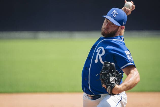 Kansas City Royals pitcher Greg Holland practices at the start of Summer Camp training at Kaufman Stadium in Kansas City, Missouri on Friday, July 3, 2020. Major League Baseball is finally starting their 2020 season after the COVID-19 pandemic caused months of delays.  KCP20200703135 KYLExRIVAS