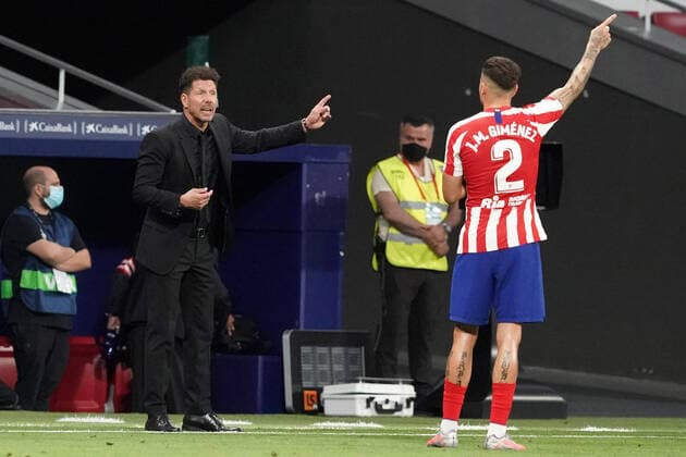 Atletico de Madrid s coach Diego Pablo Cholo Simeone with Jose Maria Gimenez during La Liga match. July 3,2020. (20200703347)