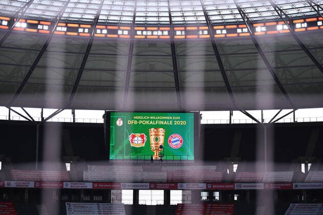 DFB Cup Final Bayern Muenchen Bayer Leverkusen, 04 07 2020 Feature, decorative picture, background, wallpaper, icon, symbol, symbol picture Advertisement board in the Olympic stadium Sports Football DFB Cup Season 19 20 Final Bayern Muenchen Bayer Leverkusen, 04 07 2020 Photo Marvin Ibo Güngör GES POOL Berlin BE Germany Poolfoto Marvin Ibo Güngör GES POOL ,EDITORIAL USE ONLY