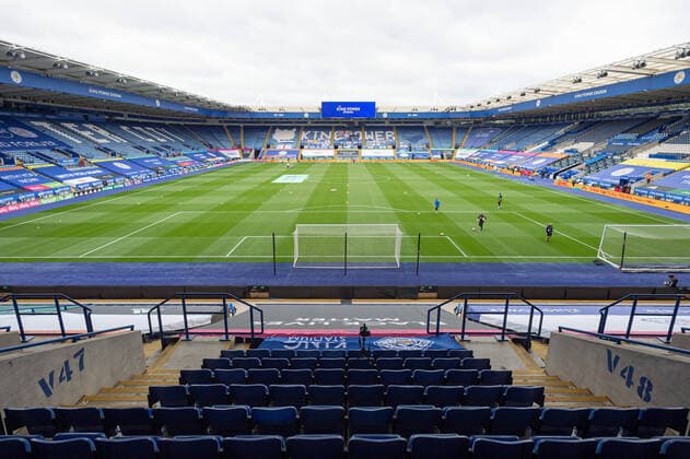LEICESTER, ENGLAND - JULY 04: A general view of the pitch and stadium ahead of the Premier League match between Leicester City and Crystal Palace at The King Power Stadium on July 4, 2020 in Leicester, United Kingdom. Football Stadiums around Europe remain empty due to the Coronavirus Pandemic as Government social distancing laws prohibit fans inside venues resulting in all fixtures being played behind closed doors. SPO, SOC, FOC 