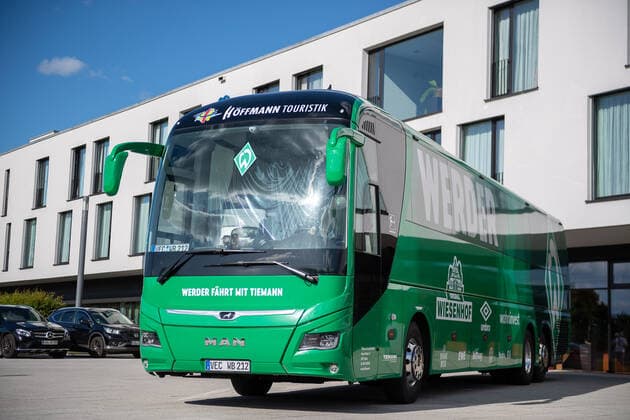 GER, FC Heidenheim vs Werder Bremen, football, Bundesliga Religation, 2019 2020, 06 07 2020 Team bus of the Bremen team, in front of the hotel, GER, FC Heidenheim vs Werder Bremen, football, Bundesliga Religation, 2019 2020, 06 07 2020, DFB DFL regulations prohibit any use of photographs as image sequences and or quasi video , Foto EIBNER Sascha Walther Heidenheim Voith Arena Baden Wuerttemberg Germany Poolfoto Eibner Walther Pool ,EDITORIAL USE ONLY