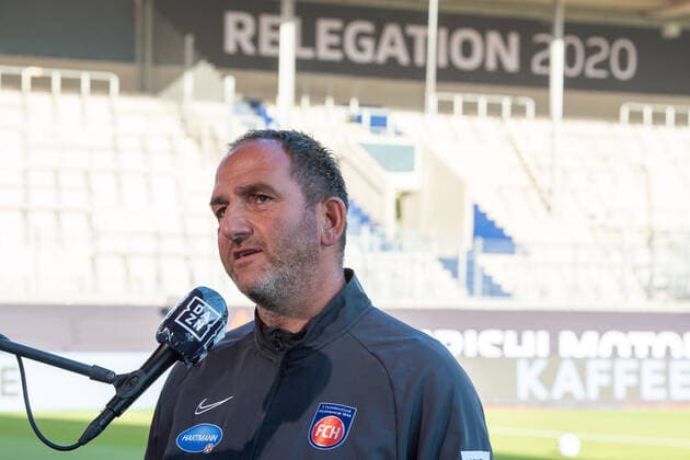 GER, FC Heidenheim vs. Werder Bremen, football, Bundesliga Religation, 2019 2020, 06 07 2020 Frank Schmidt, Coach FC Heidenheim, written Relegation 2020 in the background, GER, FC Heidenheim vs. Werder Bremen, football, Bundesliga Religation, 2019 2020, 06 07 2020, DFB DFL regulations prohibit any use of photographs as image sequences and or quasi video , Photo EIBNER Sascha Walther Heidenheim Voith Arena Baden Wuerttemberg Germany Poolfoto Eibner Walther Pool ,EDITORIAL USE ONLY