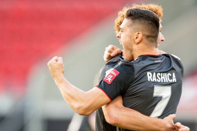 GER, FC Heidenheim vs. Werder Bremen, Football, Bundesliga Religation, 2019 2020, 06 07 2020 Goal celebration after own goal for 0 1 by Norman Theuerkauf FC Heidenheim, 30 , Joshua Sargent SV Werder Bremen 19 , Milot Rashica SV Werder Bremen 07 , GER, FC Heidenheim vs Werder Bremen, Football, Bundesliga Religation, 2019 2020, 06 07 2020, DFB DFL regulations prohibit any use of photographs as image sequences and or quasi video , Foto EIBNER Sascha Walther Heidenheim Voith Arena Baden Wuerttemberg Germany Poolfoto Eibner Walther Pool ,EDITORIAL USE ONLY