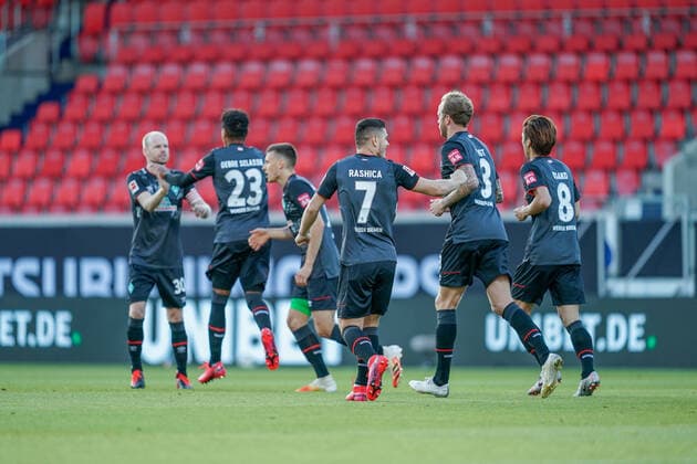 1 FC Heidenheim vs SV Werder Bremen Relegation 02 06 07 2020 Jubilation 0 1 Werder own goal Norman Theuerkauf 1 FC Heidenheim 1846 30 , Theodor Gebre Selassie Werder Bremen 23 , Milot Rashica Werder Bremen 07 Davy Klaassen Werder Bremen 30 , Maximilian Eggestein Werder Bremen 35 , Milot Rashica Werder Bremen 07 , Yuya Osako Werder Bremen 08 , Kevin Vogt Werder Bremen 03 Sport nphgm001 Football 1 Bundesliga Season 19 20 Relegation 02 1 FC Heidenheim vs SV Werder Bremen 06 07 2020 Foto gumzmedia nordphoto POOL DFL regulations prohibit any use of photographs as image sequences and or quasi video EDITORIAL USE ONLY National and international News Agencies OUT Heidenheim Voith Arena BW GERMANY Poolfoto gumzmedia nordphoto ,EDITORIAL USE ONLY