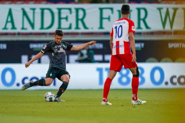 1 FC Heidenheim vs SV Werder Bremen Relegation 02 06 07 2020 Milos Veljkovic Werder Bremen 13 , Tim Kleindienst 1 FC Heidenheim 1846 10 Sport nphgm001 Football 1 Bundesliga season 19 20 Relegation 02 1 FC Heidenheim vs SV Werder Bremen 06 07 2020 Foto gumzmedia nordphoto POOL DFL regulations prohibit any use of photographs as image sequences and or quasi video EDITORIAL USE ONLY National and international News Agencies OUT Heidenheim Voith Arena BW GERMANY Poolfoto gumzmedia nordphoto ,EDITORIAL USE ONLY