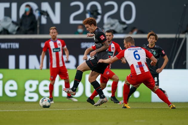 1 FC Heidenheim vs SV Werder Bremen Relegation 02 06 07 2020 Joshua Sargent Werder Bremen 19 , Patrick Mainka 1 FC Heidenheim 1846 06 Sport nphgm001 Football 1 Bundesliga season 19 20 Relegation 02 1 FC Heidenheim vs SV Werder Bremen 06 07 2020 Foto gumzmedia nordphoto POOL DFL regulations prohibit any use of photographs as image sequences and or quasi video EDITORIAL USE ONLY National and international News Agencies OUT Heidenheim Voith Arena BW GERMANY Poolfoto gumzmedia nordphoto ,EDITORIAL USE ONLY