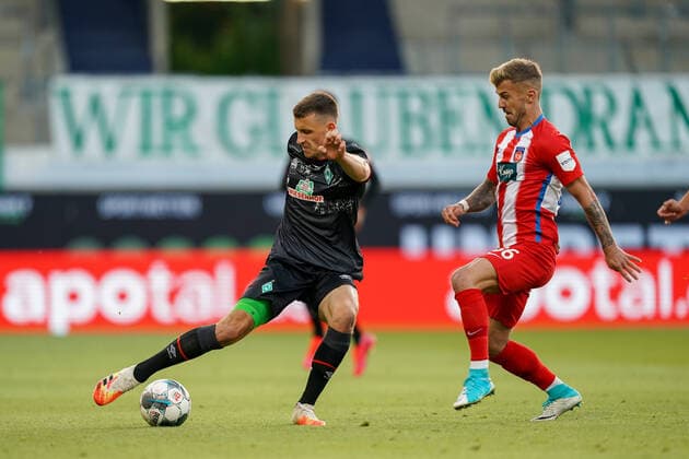 1 FC Heidenheim vs SV Werder Bremen Relegation 02 06 07 2020 Niklas Dorsch 1 FC Heidenheim 1846 36 , Maximilian Eggestein Werder Bremen 35 Sport nphgm001 Football 1 Bundesliga season 19 20 Relegation 02 1 FC Heidenheim vs SV Werder Bremen 06 07 2020 Foto gumzmedia nordphoto POOL DFL regulations prohibit any use of photographs as image sequences and or quasi video EDITORIAL USE ONLY National and international News Agencies OUT Heidenheim Voith Arena BW GERMANY Poolfoto gumzmedia nordphoto ,EDITORIAL USE ONLY