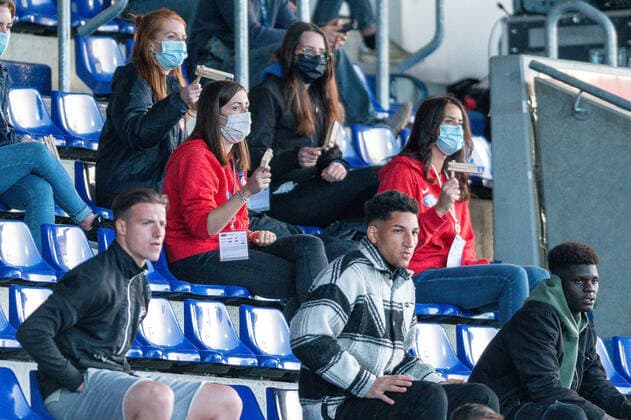 GER, FC Heidenheim vs Werder Bremen, football, Bundesliga Religation, 2019 2020, 06 07 2020 Noise collisions on the stands, GER, FC Heidenheim vs Werder Bremen, football, Bundesliga Religation, 2019 2020, 06 07 2020, DFB DFL regulations prohibit any use of photographs as image sequences and or quasi video , Foto EIBNER Sascha Walther Heidenheim Voith Arena Baden Wuerttemberg Germany Poolfoto Eibner Walther Pool ,EDITORIAL USE ONLY