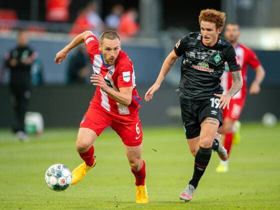 GER, FC Heidenheim vs Werder Bremen, Football, Bundesliga Religation, 2019 2020, 06 07 2020 Patrick Mainka FC Heidenheim, 06 , Joshua Sargent SV Werder Bremen 19 , GER, FC Heidenheim vs Werder Bremen, Football, Bundesliga Religation, 2019 2020, 06 07 2020, DFB DFL regulations prohibit any use of photographs as image sequences and or quasi video , Foto EIBNER Sascha Walther Heidenheim Voith Arena Baden Wuerttemberg Germany Poolfoto Eibner Walther Pool ,EDITORIAL USE ONLY