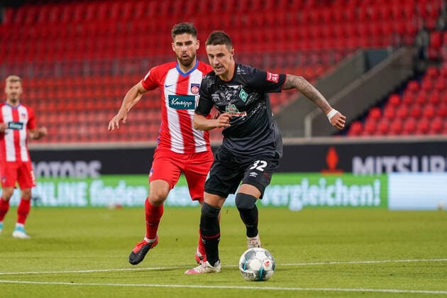 1 FC Heidenheim vs SV Werder Bremen Relegation 02 06 07 2020 Marco Friedl Werder Bremen 32 Stefan Schimmer 1 FC Heidenheim 1846 09 Sport nphgm001 Football 1 Bundesliga season 19 20 Relegation 02 1 FC Heidenheim vs SV Werder Bremen 06 07 2020 Foto gumzmedia nordphoto POOL DFL regulations prohibit any use of photographs as image sequences and or quasi video EDITORIAL USE ONLY National and international News Agencies OUT Heidenheim Voith Arena BW GERMANY Poolfoto gumzmedia nordphoto ,EDITORIAL USE ONLY