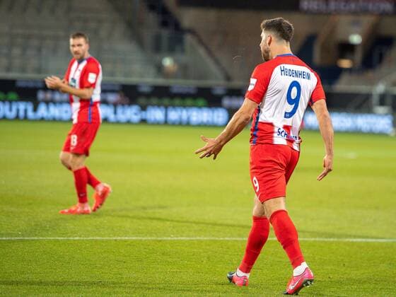 GER, FC Heidenheim vs. Werder Bremen, football, Bundesliga Religation, 2019 2020, 06 07 2020 Robert Leipertz FC Heidenheim, 13 , Stefan Schimmer FC Heidenheim, 09 , agitates, GER, FC Heidenheim vs. Werder Bremen, football, Bundesliga Religation, 2019 2020, 06 07 2020, DFB DFL regulations prohibit any use of photographs as image sequences and or quasi video , Foto EIBNER Sascha Walther Heidenheim Voith Arena Baden Wuerttemberg Germany Poolfoto Eibner Walther Pool ,EDITORIAL USE ONLY