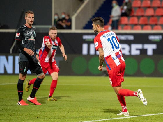 GER, FC Heidenheim vs Werder Bremen, football, Bundesliga Religation, 2019 2020, 06 07 2020 Goal to 1 1 by Tim Kleindienst FC Heidenheim, 10 , GER, FC Heidenheim vs Werder Bremen, football, Bundesliga Religation, 2019 2020, 06 07 2020, DFB DFL regulations prohibit any use of photographs as image sequences and or quasi video , Foto EIBNER Sascha Walther Heidenheim Voith Arena Baden Wuerttemberg Germany Poolfoto Eibner Walther Pool ,EDITORIAL USE ONLY