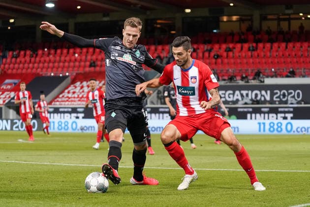 1 FC Heidenheim vs SV Werder Bremen Relegation 02 06 07 2020 Sebastian Langkamp Werder Bremen 15 , Jonas David Otto 1 FC Heidenheim 1846 26 Sport nphgm001 Football 1 Bundesliga season 19 20 Relegation 02 1 FC Heidenheim vs SV Werder Bremen 06 07 2020 Foto gumzmedia nordphoto POOL DFL regulations prohibit any use of photographs as image sequences and or quasi video EDITORIAL USE ONLY National and international News Agencies OUT Heidenheim Voith Arena BW GERMANY Poolfoto gumzmedia nordphoto ,EDITORIAL USE ONLY