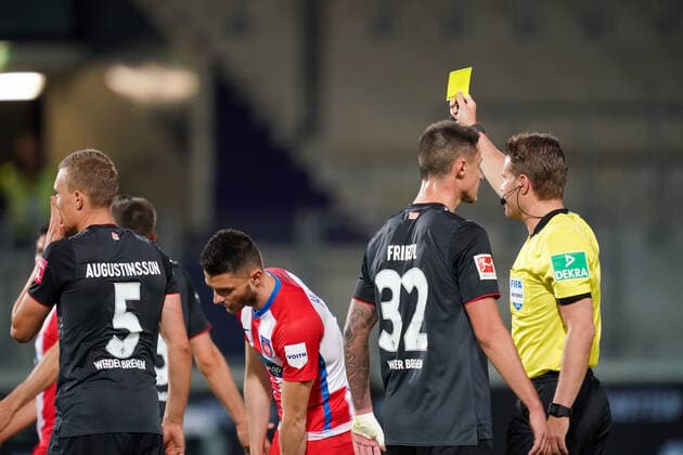 1 FC Heidenheim vs SV Werder Bremen Relegation 02 06 07 2020 Dr Felix Brych SR Referee Referee , Ludwig Augustinsson Werder Bremen 05 , Marco Friedl Werder Bremen 32 Sport nphgm001 Football 1 Bundesliga Season 19 20 Relegation 02 1 FC Heidenheim vs SV Werder Bremen 06 07 2020 Foto gumzmedia nordphoto POOL DFL regulations prohibit any use of photographs as image sequences and or quasi video EDITORIAL USE ONLY National and international News Agencies OUT Heidenheim Voith Arena BW GERMANY Poolfoto gumzmedia nordphoto ,EDITORIAL USE ONLY