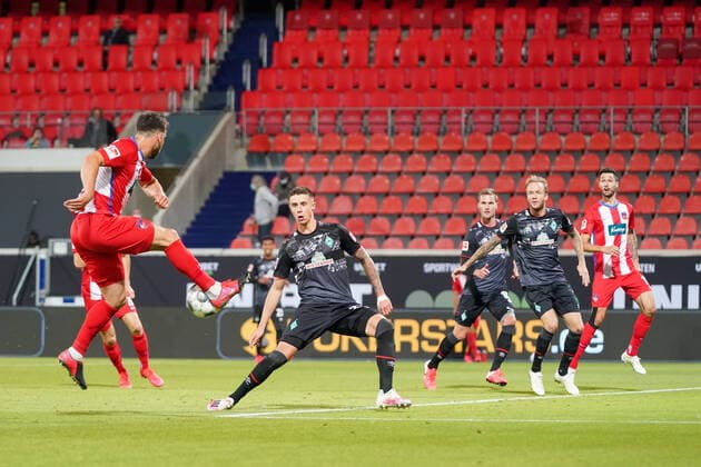 1 FC Heidenheim vs SV Werder Bremen Relegation 02 06 07 2020 Tim Kleindienst 1 FC Heidenheim 1846 10 , Marco Friedl Werder Bremen 32 Sport nphgm001 Football 1 Bundesliga season 19 20 Relegation 02 1 FC Heidenheim vs SV Werder Bremen 06 07 2020 Foto gumzmedia nordphoto POOL DFL regulations prohibit any use of photographs as image sequences and or quasi video EDITORIAL USE ONLY National and international News Agencies OUT Heidenheim Voith Arena BW GERMANY Poolfoto gumzmedia nordphoto ,EDITORIAL USE ONLY